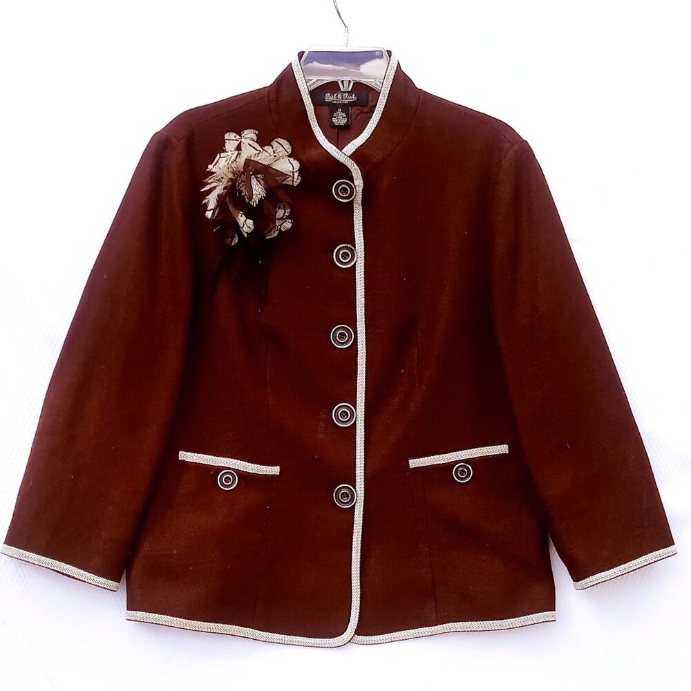 Peck & Peck Women's Blazer Size 12 Brown Wool Cotton Blend Buttoned Front Jacket